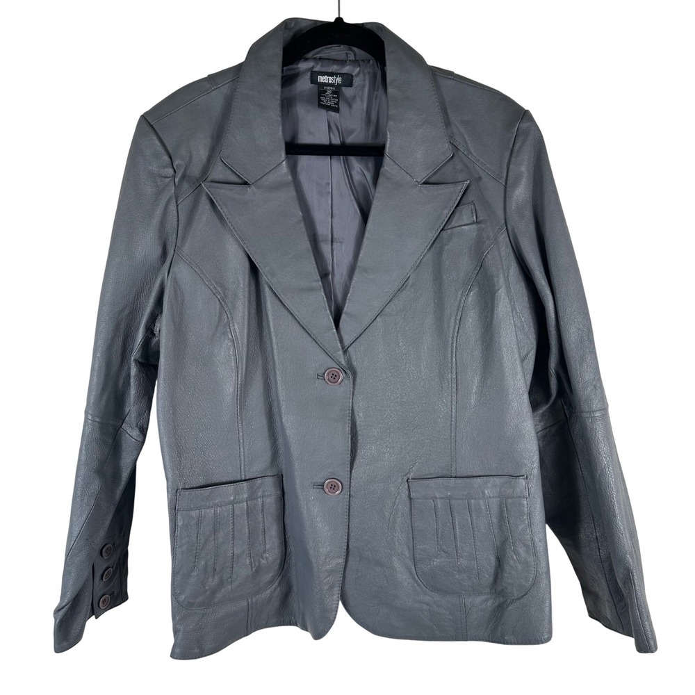 Vintage Metrostyle Leather Jacket Women 20 Gray Blazer 2 Button Patch Pocket 90s